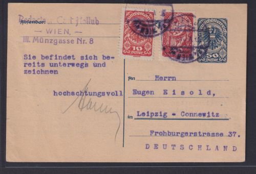 Österreich Ganzsache Wappen Adler 50 Heller plus ZuF viol. K2 Wien nach Leipzig