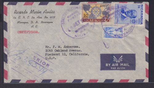 Nicaragua Flugpost Brief airmail Manaqua nach Piedmont California USA