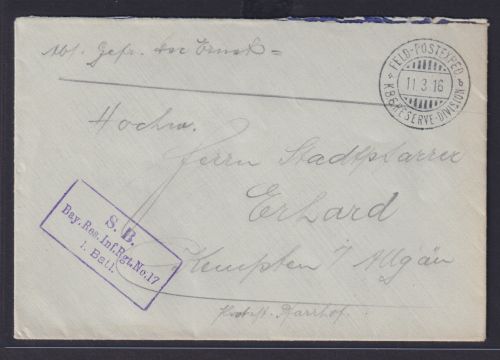 Feldpost Brief K2 Postexpedition K.B. Reserve Division viol. R3 S.B. Bay. Res.