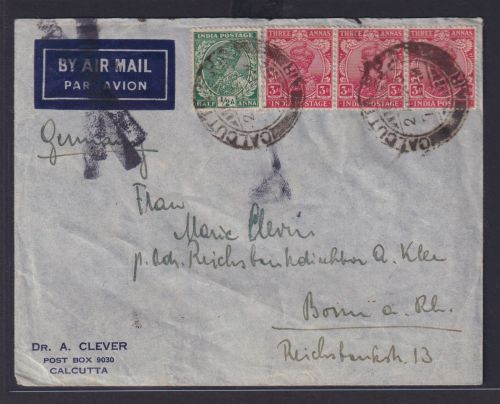 Indien Luftpost Brief MIF mit Dreierstreifen 3as Calcutta nach Bonn