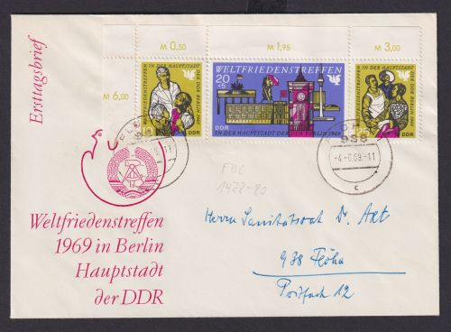 DDR Brief Bogenecke Eckrand Zusammendruck Weltfriedenstreffen Flöha FDC