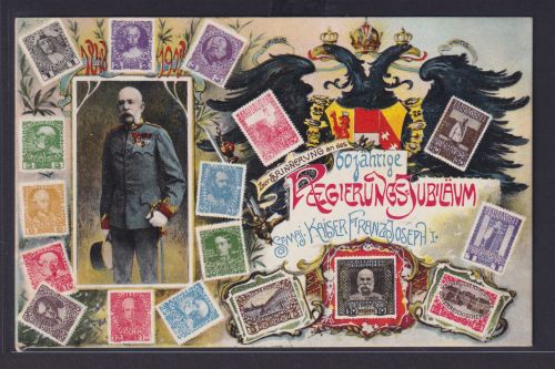 Ansichtskarte Monarchie Briefmarken Ihre Majestät Kaiser Franz Josef I zum 60