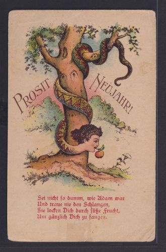 Ansichtskarte Grußkarte Neujahr Scherzkarte mit Spruch Adam im Paradies