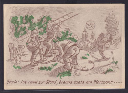 Ansichtskarte Scherzkarte Feurio Feuerwehr im Einsatz Stempel Deutsche Fussball