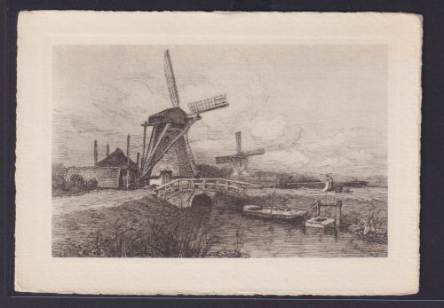 Ansichtskarte Künstlerkarte Radierung Windmühlen Fluss Brücke Boote