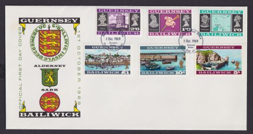 Großbritannien Guernsey Brief 8-23 Freimarken Ansichten und Wappen Queen