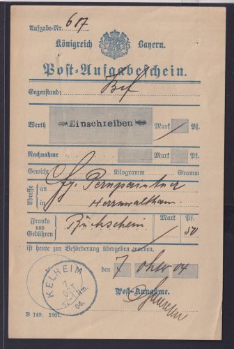 Altdeutschland Bayern Brief Einschreibe Post Aufgabeschein m. blauem K1 Kehlheim