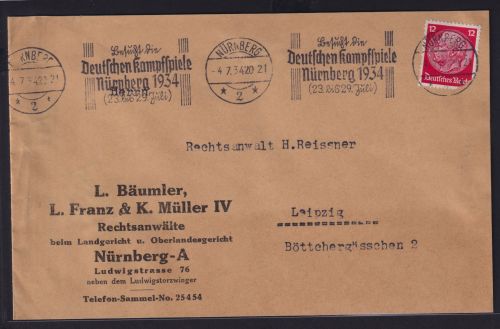 Sport Deutsches Reich Brief selt. Maschinen SST Deutsche Kampfspiele Nürnberg