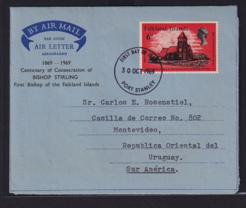 Falklandinseln Malvinen Flugpost EF 6d Aerogramm als FDC Port Stanley Montevideo