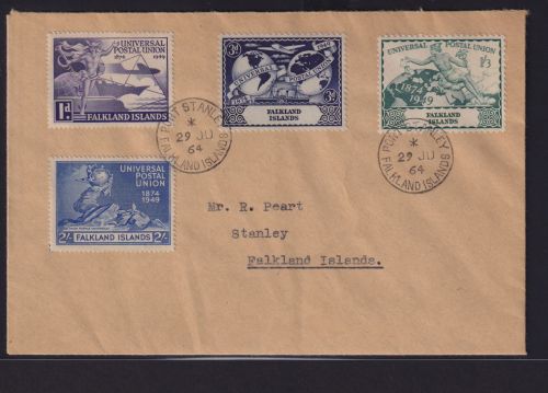 Falklandinseln Brief 98-101 UPU 75 Jahre Weltpostverien ab Port Stanley
