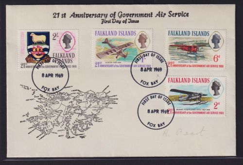 Falklandinseln Brief 175-178 Regierungsflugdienst Flugzeuge Landkarte Toller FDC