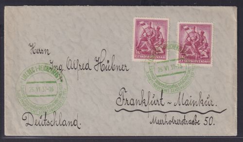 Tschechoslowakei Brief MEF 1Kc mit grünem Sonderstempel Liberec Reichenberg
