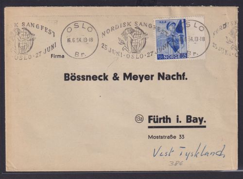 Musik Norwegen Brief selt. Maschinen SST Sängerfest Oslo nach Fürth Bayern