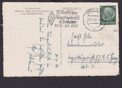 Breslau Ansichtskarte Musik SST 12. Sängerbundfest H.S.-Karte Nr 95 Elisabeth -