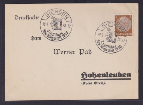 Deutsches Reich Giessen Sonderstempel 3. Hessisches Gau Sängerfest n Hohenleuben
