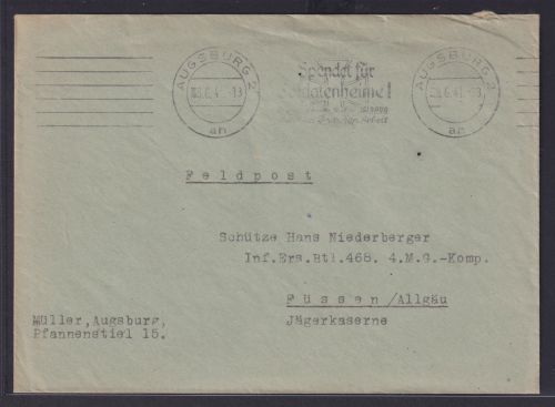 Deutsches Reich Feldpost mit Maschinen Werbestempel Augsburg n Füssen Allgäu