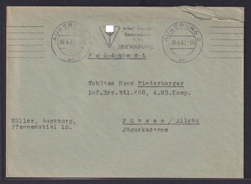 Deutsches Reich Feldpost Brief Maschinenstempel Augsburg Arbeit Freude Kamerad -