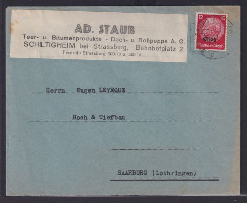 Besetzung Elsaß Brief EF 12 Pfg. Hindenburg mit Aufdruck Reklame Schiltigheim