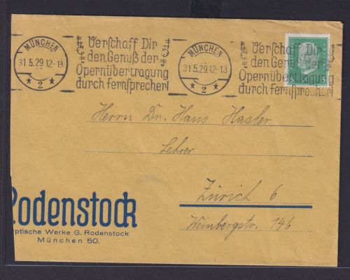 Deutsches Reich Masch. St. München Opernübertragung durch Fernsprecher Kunst