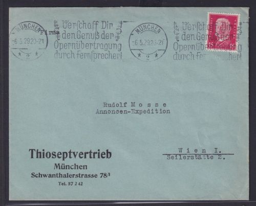Deutsche reich Brief inter. Maschinen Stempel München Oper im Radio Wien