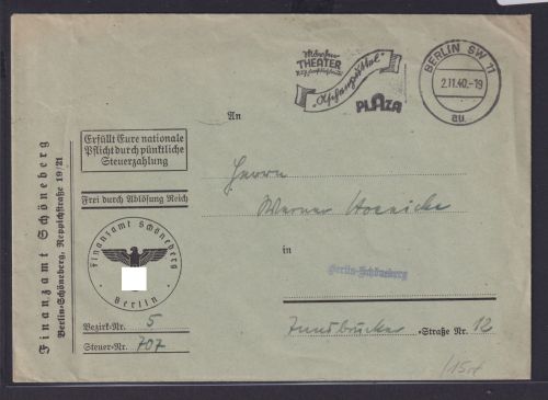 Deutsches Reich Dienst Brief Berlin AFS Absenderfreistempel Theater Plaza