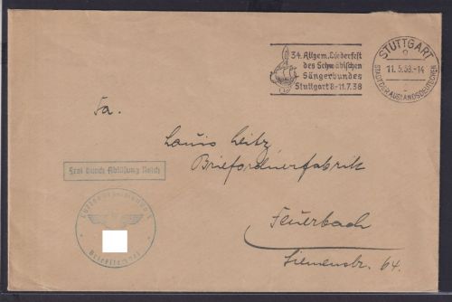 Deutsches Reich Dienst Brief Maschinen Sonderstempel 34. Liederfest Schwäbischer