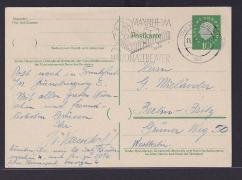 Bund Heuss Ganzsache Nationaltheater Mannheim Maschinenstempel n Berlin