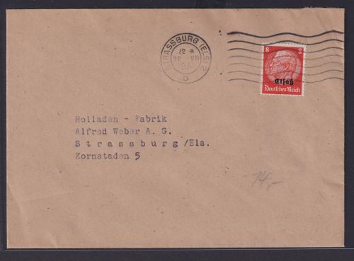 Besetzung Elsaß Brief EF 8 Pfg. Hindenburg ab Strassburg 28.7.1941