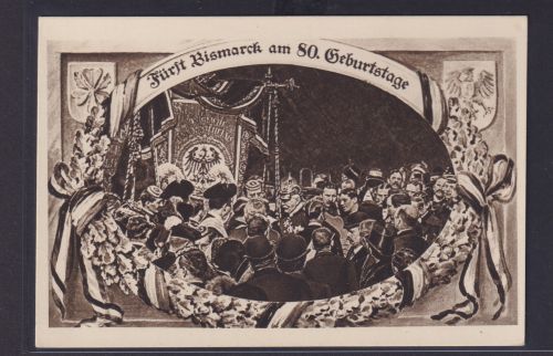 Ansichtskarte Fürst Bismarck zum 80. Geburtstag Schmuckkarte Blumengirlande