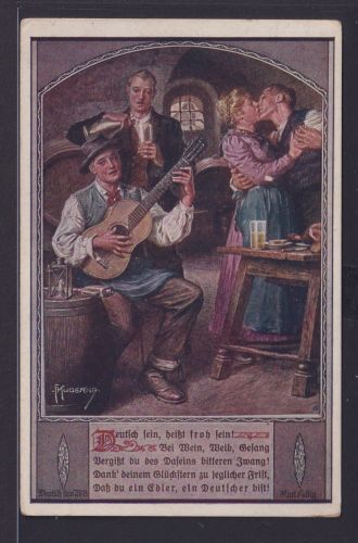 Ansichtskarte Künstlerkarte Sign.Feldpost Musiker Tänzer Umtrunk