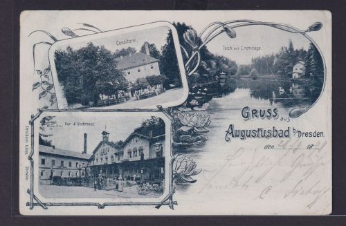 Jugendstil Litho Ansichtskarte Augustusbad n. Chemnitz Konditorei Teich
