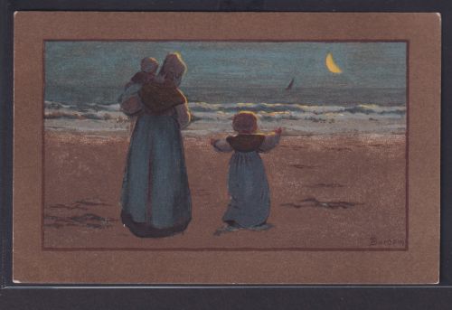 Ansichtskarte Künstlerkarte Sign. Barham Frau Kinder Meer Mond Abendstimmung
