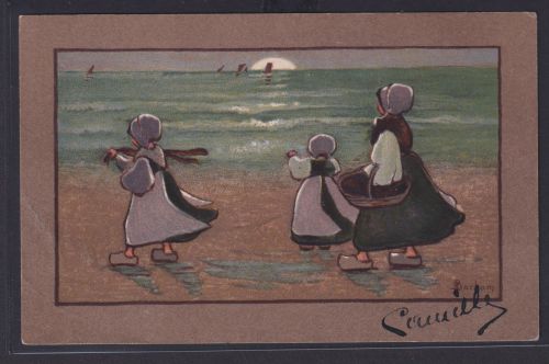 Ansichtskarte Künstlerkarte Sign. Barham Kinder Strand Meer Sonnenuntergang nach