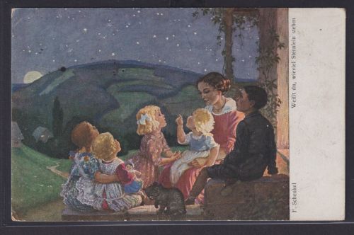 Ansichtskarte Künstlerkarte Sign.F.Schenkel Sternennacht Frau Kinder Landschaft