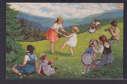 Ansichtskarte Künstlerkarte Kinder Tanz Reigen Landschaft