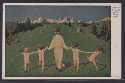 Ansichtskarte Künstlerkarte Frau Kinder Frühlingserwachen Landschaft Berge