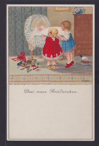 Ansichtskarte Künstlerkarte Sign. P.Ebner Kinder Baby Krippe Zierrand
