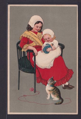 Ansichtskarte Künstlerkarte Prägekarte Frau Kind Puppe Katze Lehnstuhl ab