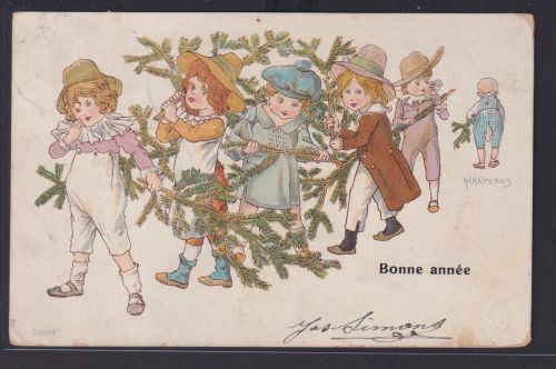 Ansichtskarte Künstlerkarte Sign. Weihnachten Kinder Tanne ab London England