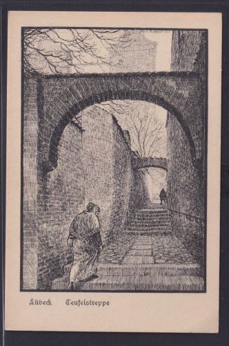 Ansichtskarte Künstlerkarte Federzeichnung Lübeck Teufelstreppe Kunstverlag