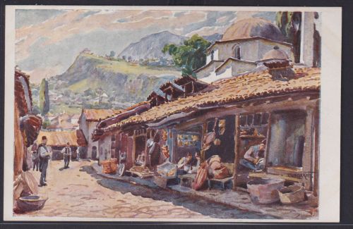Ansichtskarte Künstlerkarte Sarajevo Markt Strasse Berge Bosnien Herzegowina