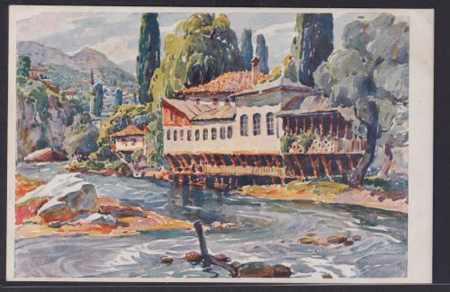 Ansichtskarte Künstlerkarte Sarajevo Fluss Haus Gastronomie Berge Bosnien