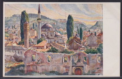 Ansichtskarte Künstlerkarte Sign. Sarajevo Minarett Stadtansicht Bosnien