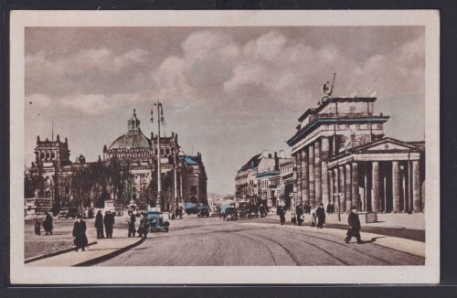 Ansichtskarte Künstlerkarte Berlin Brandenburger Tor Reichstagsgebäude Oldtimer
