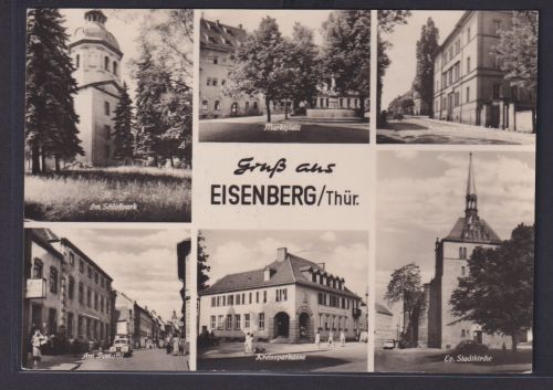 Ansichtskarte Eisenberg Schloßberg Postamt Marktplatz Sparkasse Stadtkirche