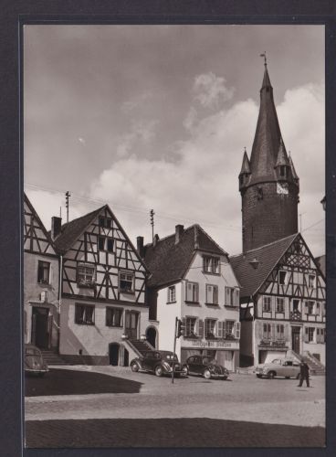 Ansichtskarte Ottweiler Rathausplatz Fachwerkhäuser Kirchenturm Oldtimer Autos