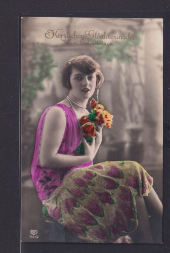 Ansichtskarte Künstlerkarte Frau Schönheit Geburtstag Blumen ab Gaithain Sachsen
