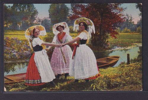 Ansichtskarte Künstlerkarte Mädchen Trachten Boot Blumenwiese Bäume Spreewald