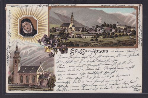 Ansichtskarte Künstlerkarte Absam Ortsansicht Heiligenbild Kirche Zierkarte Gold