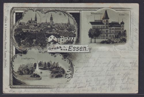 Ansichtskarte Bahnpost Zug 217Künstlerkarte Essen Stadtgarten Alfredusbad Kirche